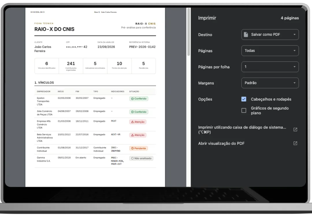 Ficha técnica do Raio-X pronta para imprimir ou salvar em PDF